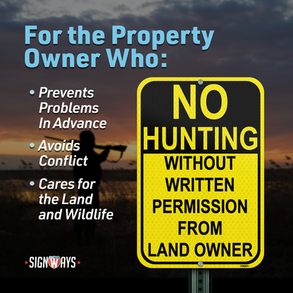 SignWays No Hunting Signs Private Property | (Yellow and Black) 12x18”