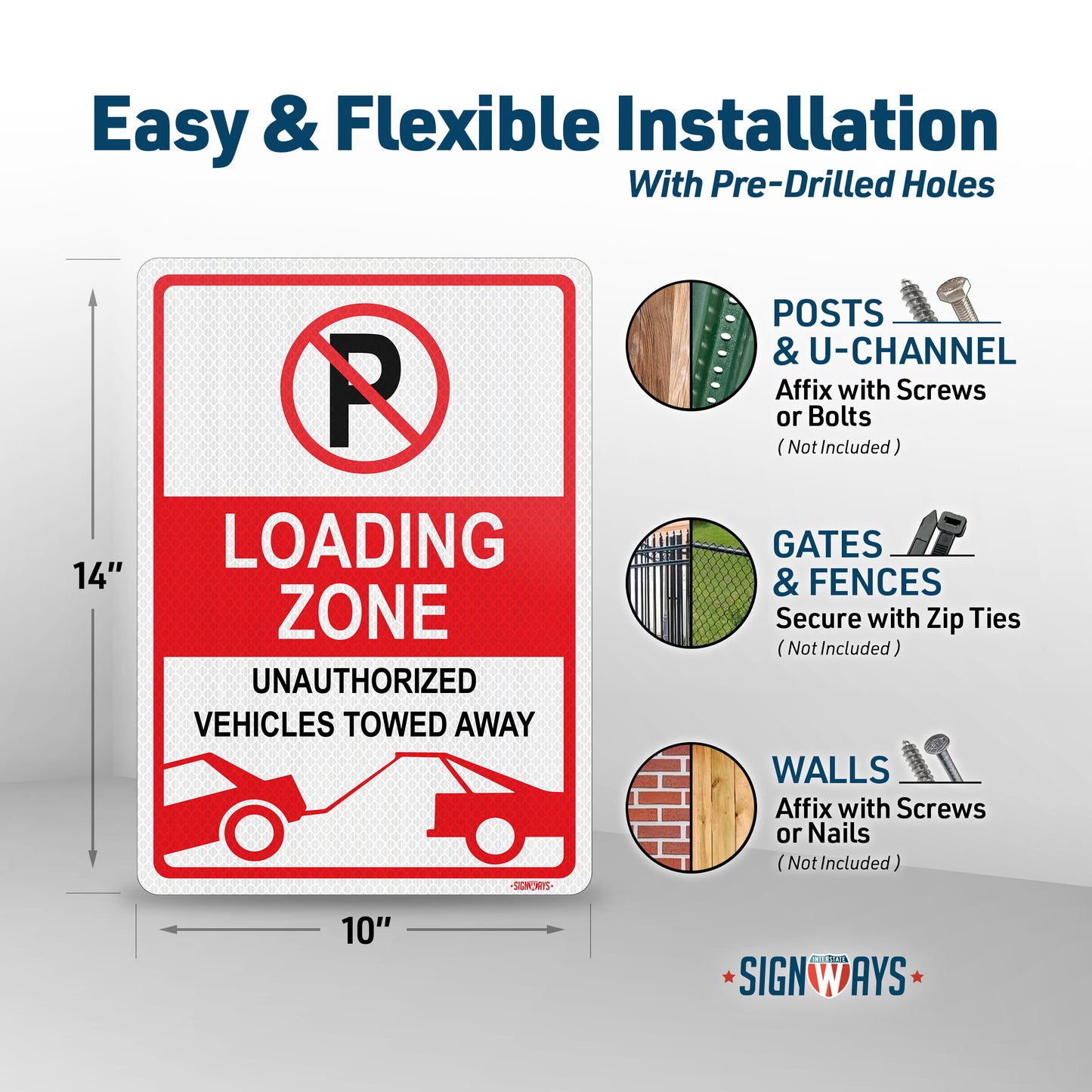 SignWays Loading Zone No Parking Sign | Loading Zone Unauthorized Vehicles Towed Away Sign