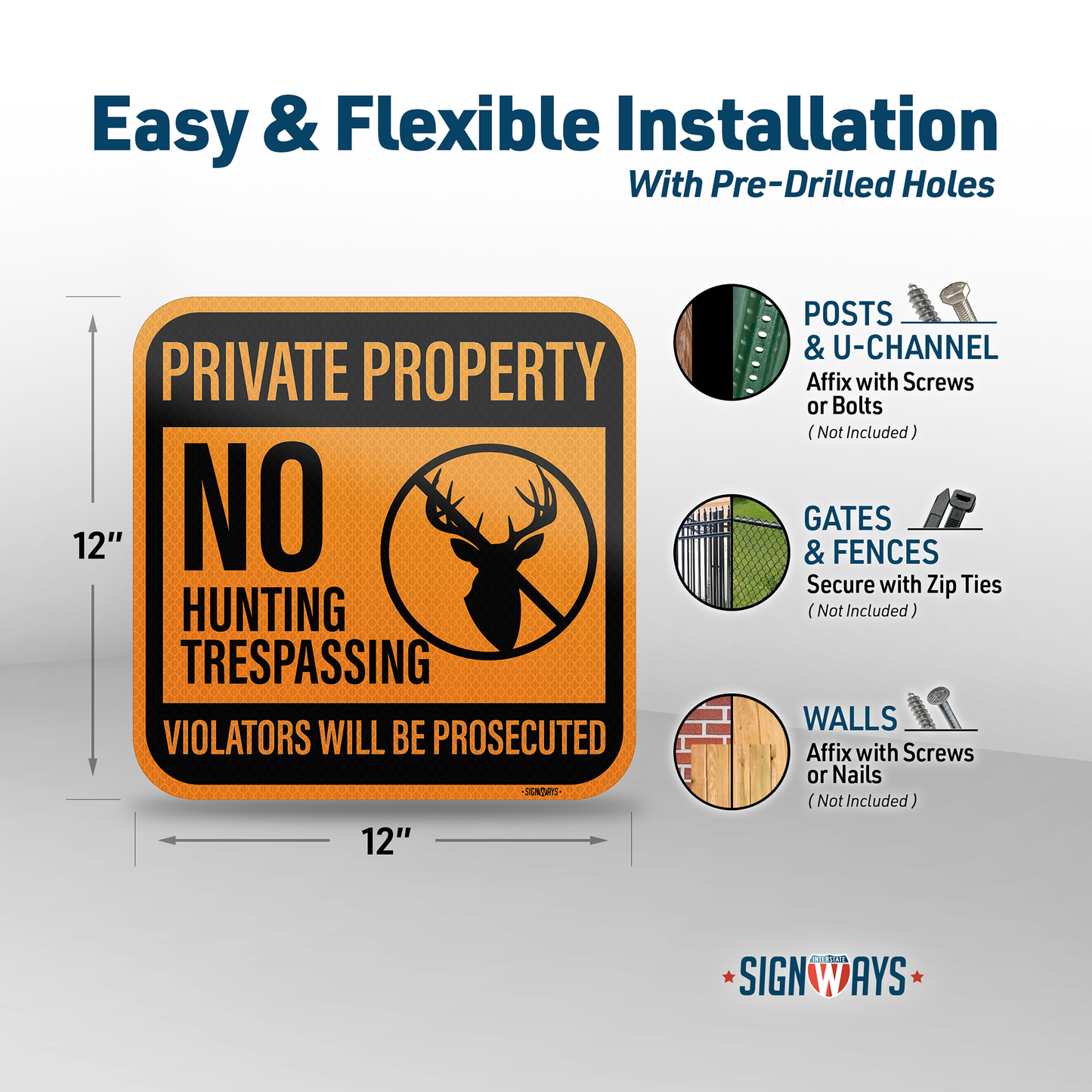 Private Property Signs, No Hunting Trespassing Signs | 3M Aluminum Orange 12x12”