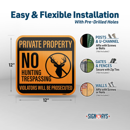 Private Property Signs, No Hunting Trespassing Signs | 3M Aluminum Orange 12x12”