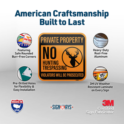 Private Property Signs, No Hunting Trespassing Signs | 3M Aluminum Orange 12x12”