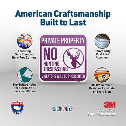 Private Property Signs, No Hunting Trespassing Signs | 3M Aluminum Purple 12x12”