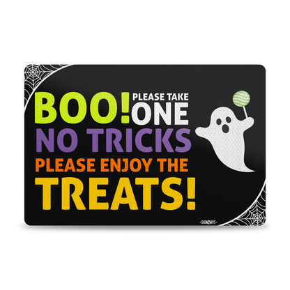 Trick or Treat Sign | Boo! Please Take One, No Tricks, Please Enjoy the Treats Halloween Candy Sign | 18x12”