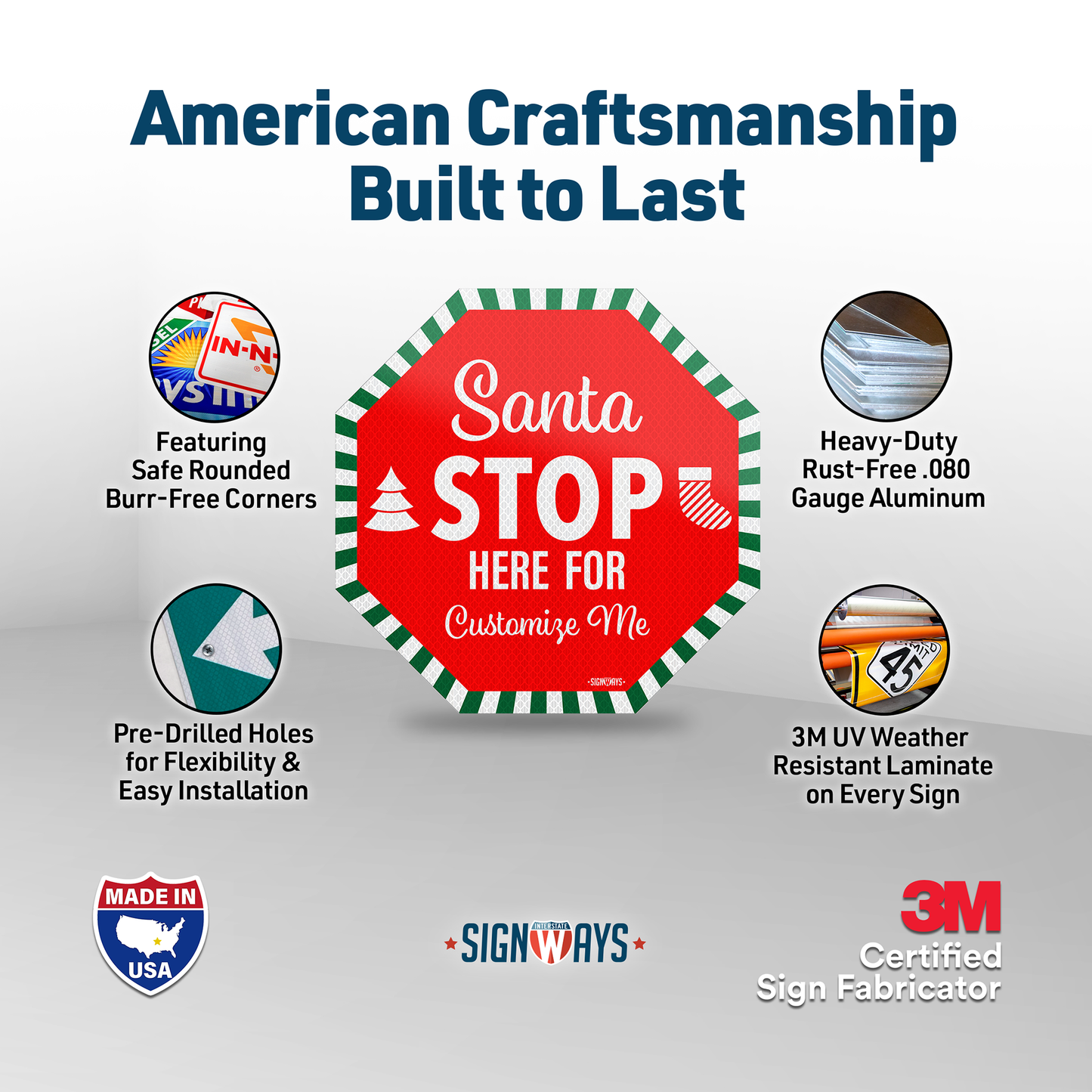 Personalized / Customizable Candy Cane Santa Stop Here 12"x12" Yard Stop Sign