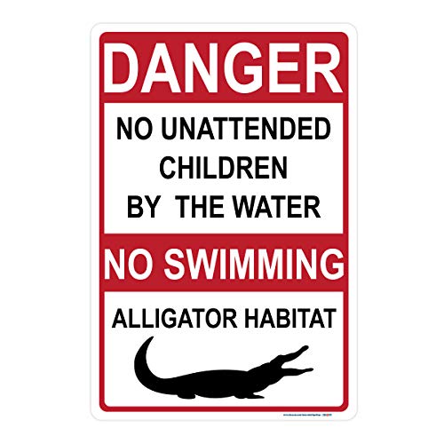 Danger, No Unattended Children By Water, Alligator Habitat Sign