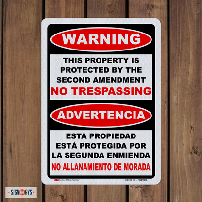 Bilingual - Warning This Property Is Protected By The Second Amendment Sign
