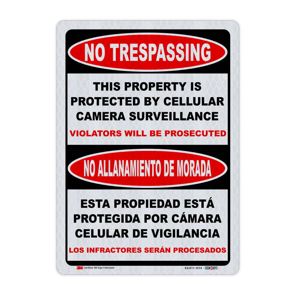 Bilingual No Trespassing This Property Is Protected By Cellular Camera Surveillance Sign