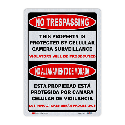Bilingual No Trespassing This Property Is Protected By Cellular Camera Surveillance Sign