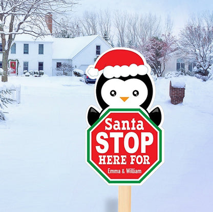 Customizable Christmas Penguin Santa Stop Here Sign
